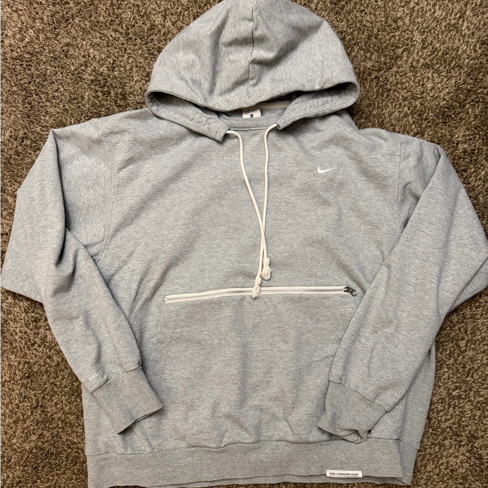 Nike Dri-FIT Heather Gray Sweatshirt. Zip pocket above hoodie pocket.